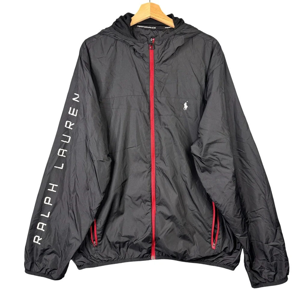 Ralph Lauren Performance Windbreaker Jacket Black Red Hooded Large Long Sleeve